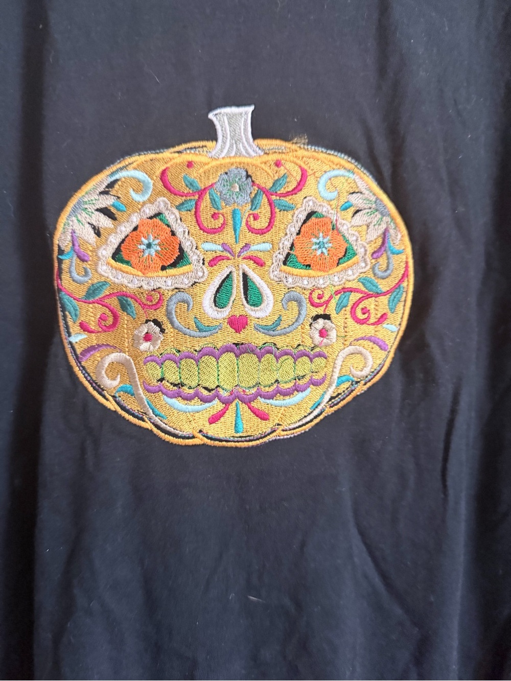 Gold Embroidered Sugar Skull Pumpkin Accent Tshirt